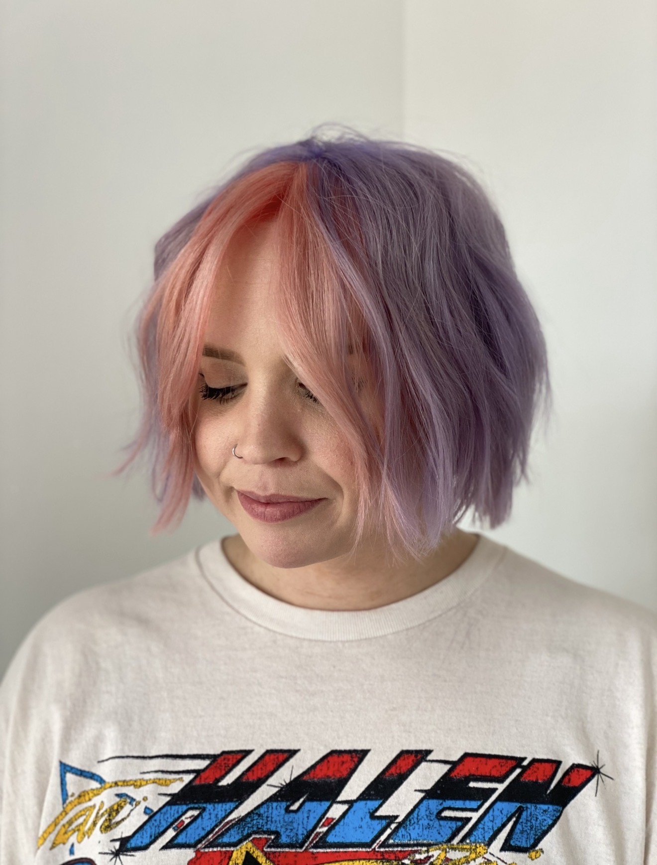 Pink and lilac textured bob haircut